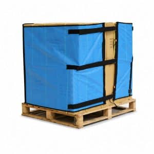 Reusable pallet wrap with hook and loop strap 4m x 1m fitted around a pallet load