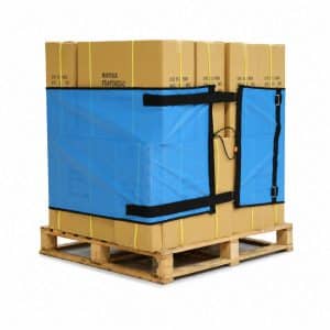 Reusable pallet wrap with hook and loop strap 4m x 0.65m fitted around a pallet load