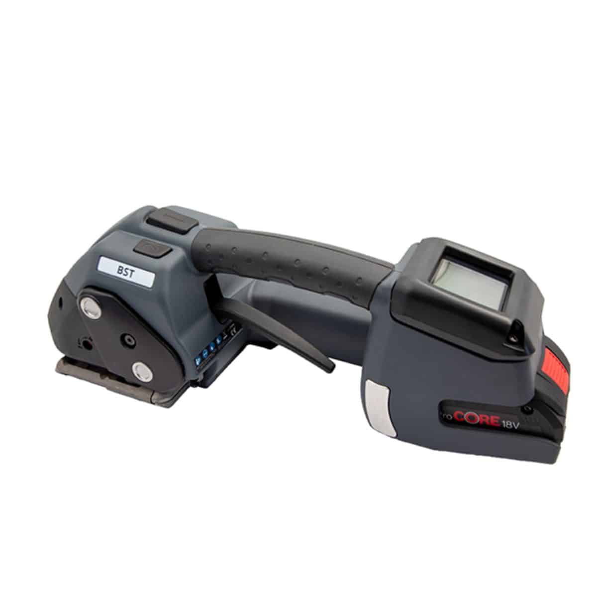 Cordless battery-powered stapler/nailer with a gray body and a red-identified 18V battery attached to the handle area.