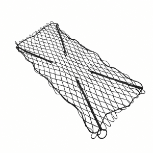 Foldable black wire cargo organizer with elastic straps for a car trunk, laid flat to show its grid structure and hooks.