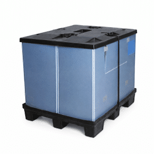 Pal 'n' Lid™ plastic pallet box with collapsible sleeve, fitted lid and buckle belt system
