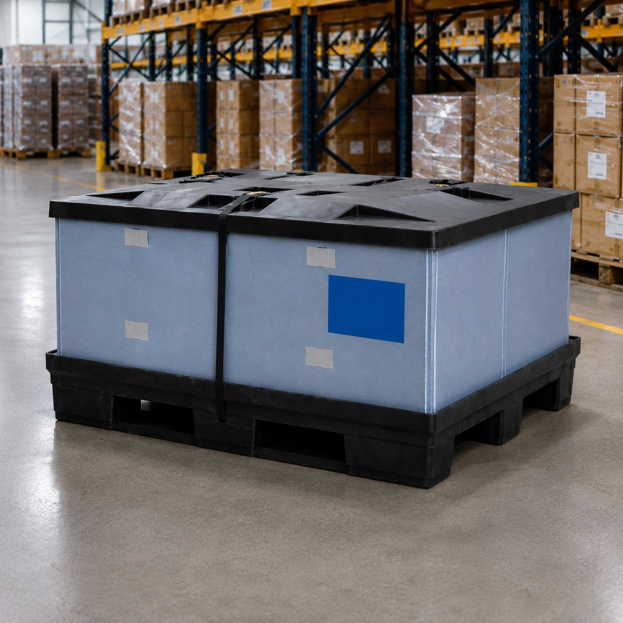 Pal 'n' Lid™ Plastic Pallet Box & Buckle Belt System in Warehouse | Maxpack Pal 'n' Lid™ plastic pallet box with collapsible sleeve and lid in a warehouse storage environment
