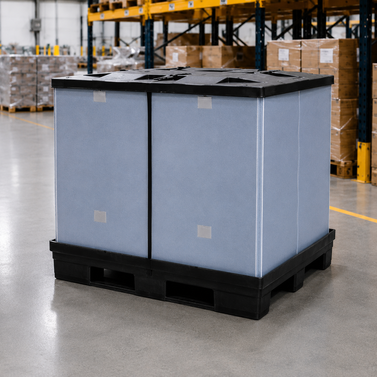 Pal 'n' Lid™ Plastic Pallet Box & Buckle Belt System in Distribution Warehouse | Maxpack Pal 'n' Lid™ plastic pallet box with collapsible sleeve and fitted lid in a warehouse aisle