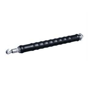 Black wire twirling tool with metal hook and pull handle for quickly tightening and twisting wire ties.
