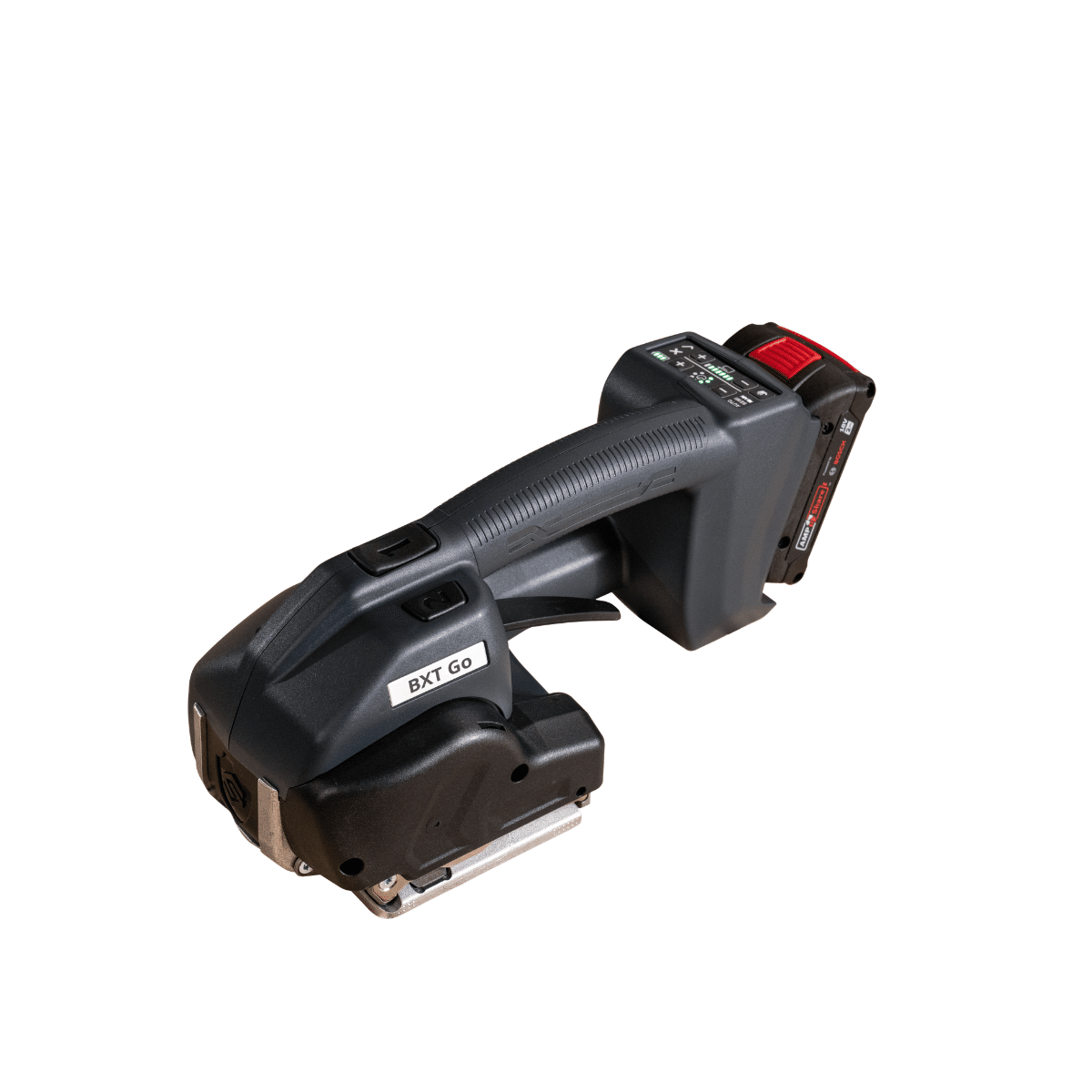 BXT Go Battery Powered Strapping Tool – Angled View | Maxpack BXT Go battery powered strapping tool shown from an angled view on a white background.