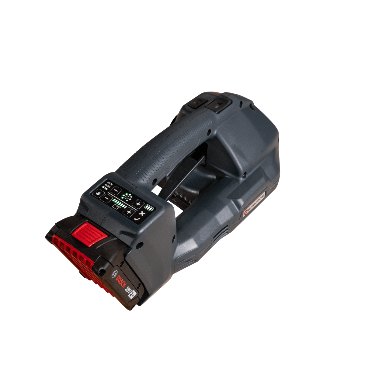 BXT Go Battery Powered Strapping Tool – Control Panel View | Maxpack BXT Go battery powered strapping tool showing the control panel, handle and Bosch battery.